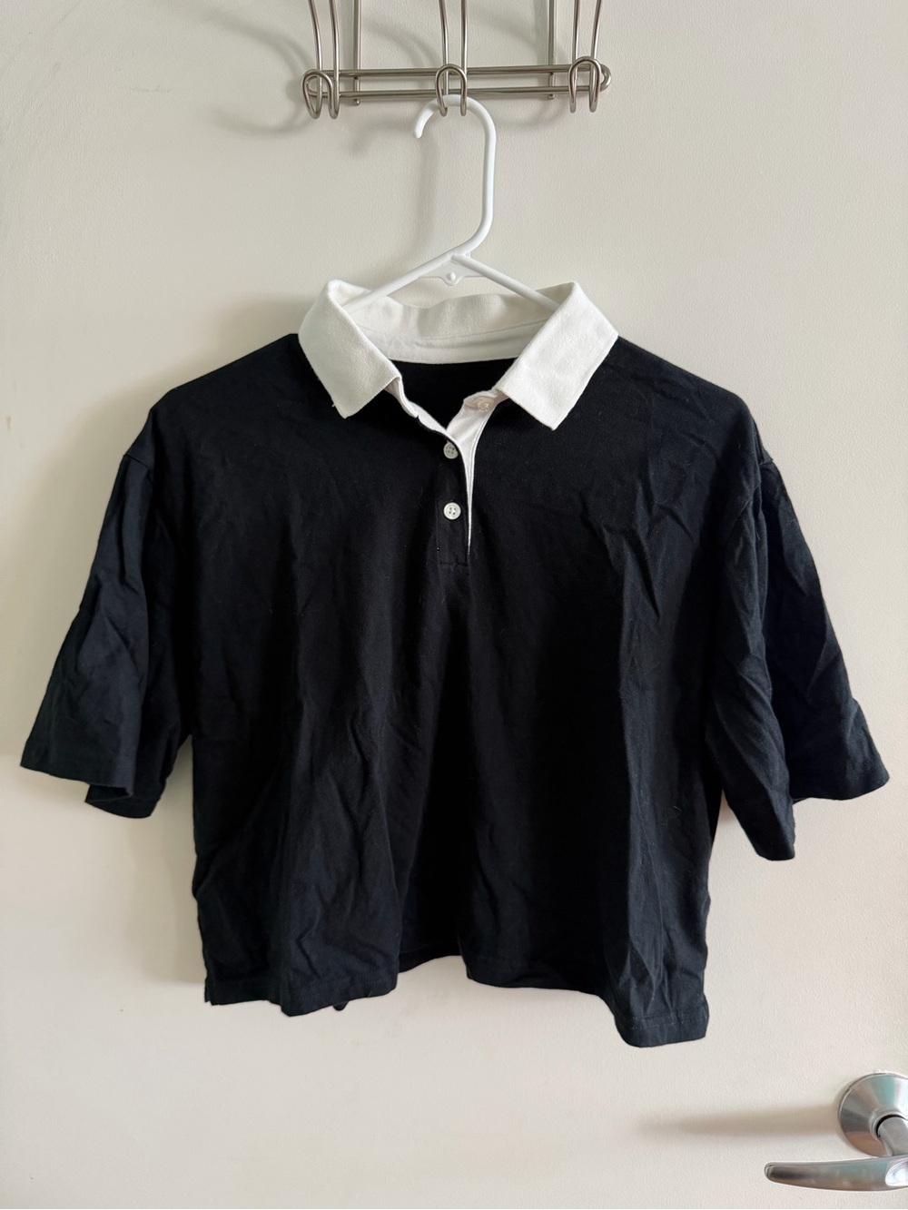Black Polo Crop Top with White Collar